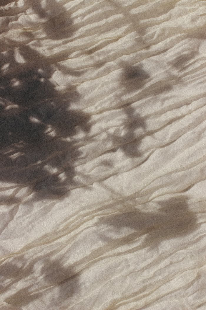 Intricate shadow play of leaves on textured fabric, creating a serene abstract pattern.