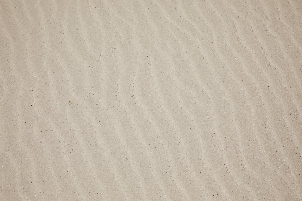 Top view of empty dry plain surface of beach covered with sand in daytime